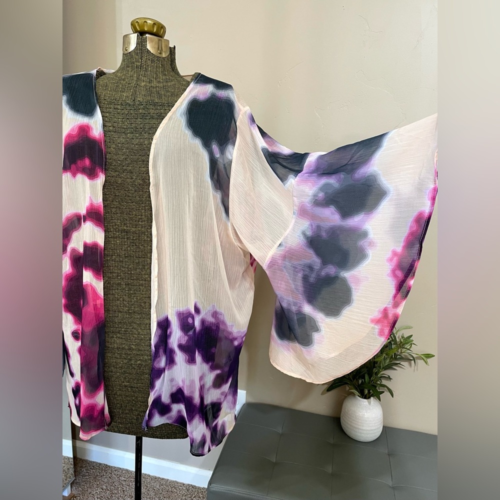 Boho Sheer Kimono Cardigan Tie Dye Bell Sleeve Chiffon Cover Up Open Front L/XL - Picture 4 of 15